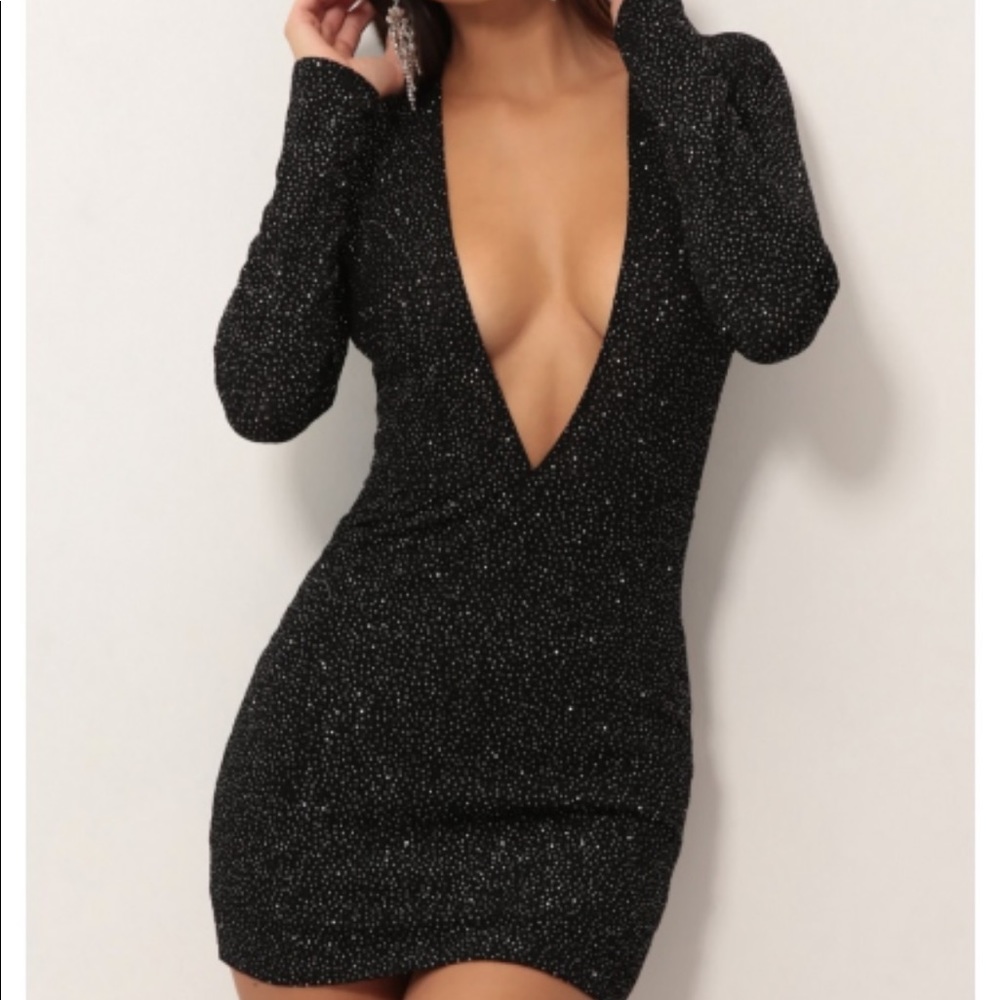 Black plunging shimmer dress